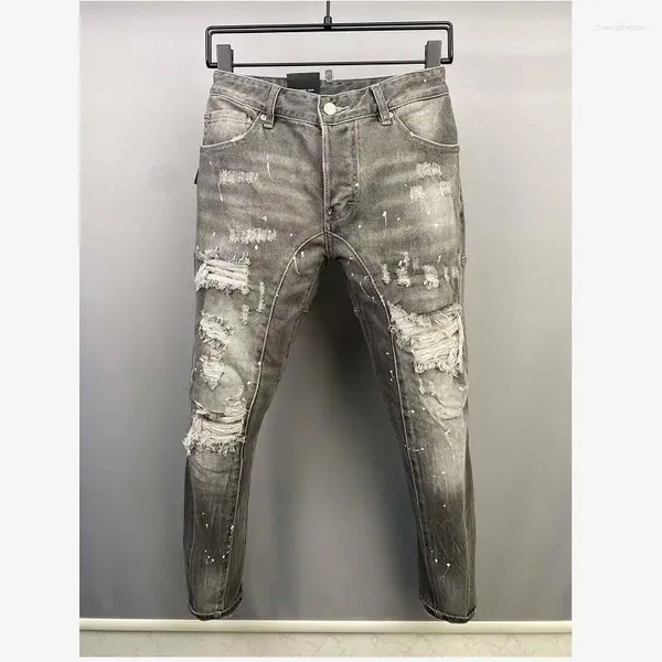 Мужские джинсы, модные повседневные брюки с дырками, окрашенные распылением, модные брюки из джинсовой ткани, A515