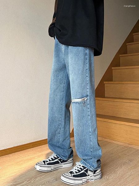 Jeans masculinos Yihanke a roupa americana na moda calças longas reparação confortável joelho reto zíper denim y2k