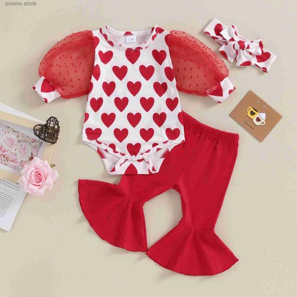 Set di abbigliamento Simpatici abiti da principessa per neonate Abiti per San Valentino Vestiti per ragazze Pagliaccetto con maniche a sbuffo + Pantaloni a zampa d'elefante + Set di fasce Abbigliamento per neonati