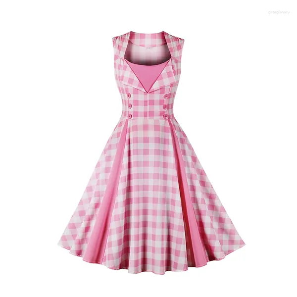 Vestidos casuais mulheres sem mangas 2024 tartan roupas rosa xadrez impresso vintage retro 50s 60s uma linha festa rockabilly pin up skater vestido