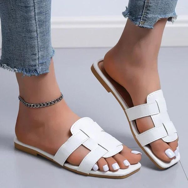 Zapatillas de verano con punta abierta cuadrada, Roma sólida, playa al aire libre, informal, cómoda, suela ligera, zapatos planos de gran tamaño para mujer