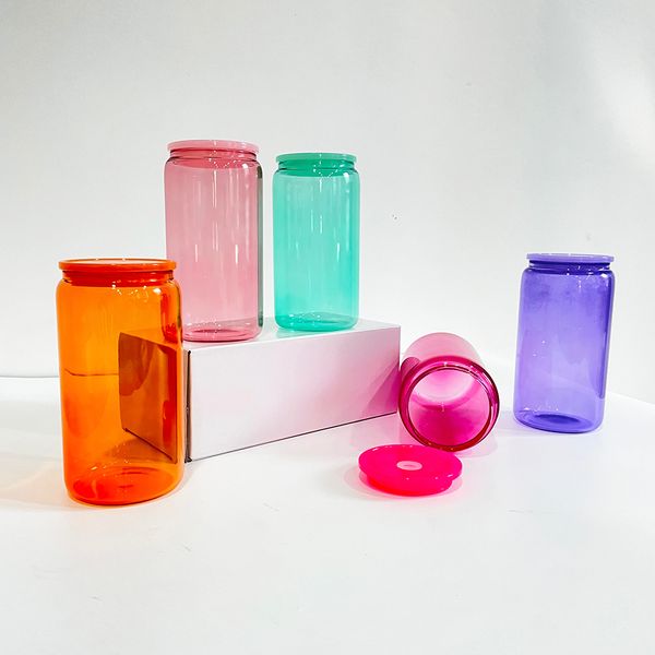 Gelatina colorata a sublimazione trasparente lattina in vetro borosilicato senza BPA da 16 once con coperchi in pp colorati e cannuccia per caffè freddo, soda, Pop, 5 colori misti