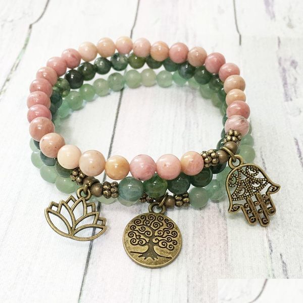 Bracciale con ciondolo Hamsa rodonite con perline Mg0482 da 6 mm, agata di muschio di alta qualità, energia naturale, avventurina verde, gioielli da donna, consegna a goccia Dhk3B