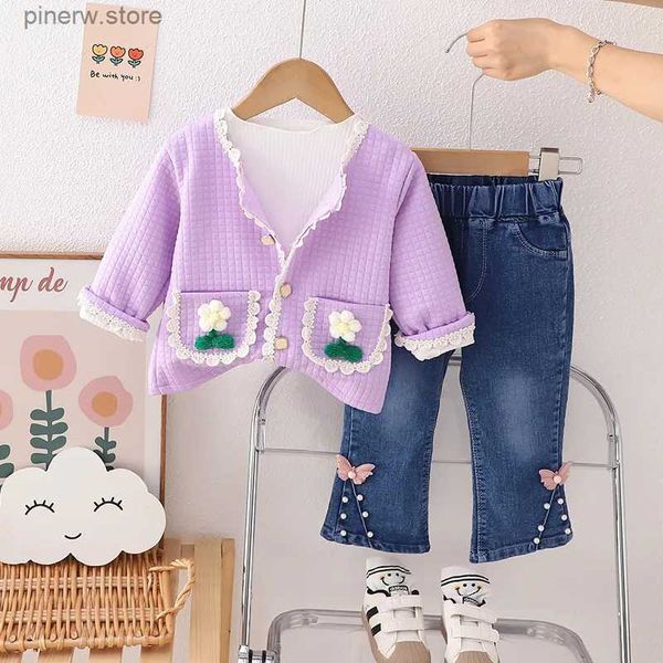 Kleidung Sets Baby Mädchen Kleidung Set 2023 Koreanische Stil Einfarbig Langarm Strickjacke Mäntel T-shirts Denim Schlaghosen Mädchen Boutique Outfits