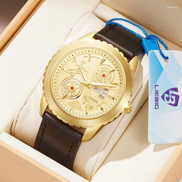 Relógios de pulso Laibinji Men's Leather Belt Watch Business Classic Quartz Calendário Luminoso