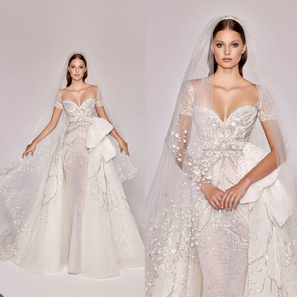 Elegante abito da sposa a linea A da donna Sweetheart maniche corte Abiti da sposa Paillettes Appliques Abito con strascico staccabile Abiti su misura da sposa