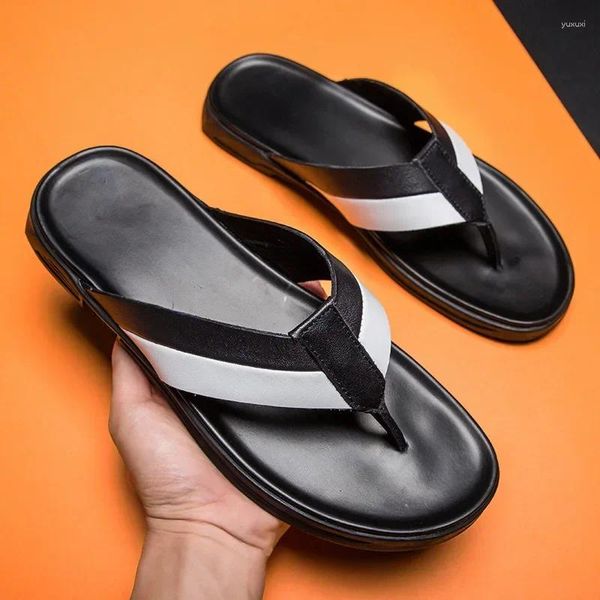 Pantofole Trend Uomo Infradito In Pelle Casual Scarpe Estive Da Spiaggia Uomo Piatto Antiscivolo Comode Classiche Ciabatte Nere Taglie Forti