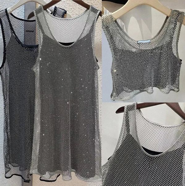 Abito da donna senza maniche Abito con fionda in raso nero scavato con strass Abiti con gilet cavo lucido 2 pezzi Set Top con reggiseno in denim Taglia li