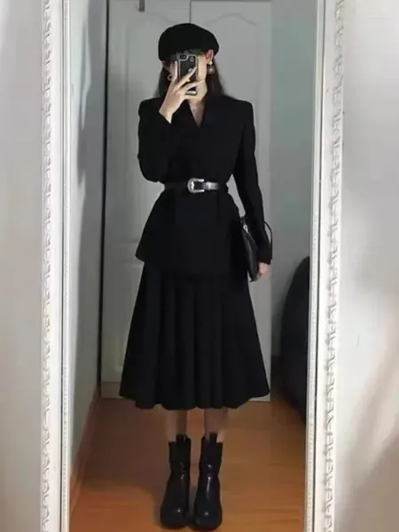 Vestido de duas peças lnsozkdg outono 2024 mulheres elegante estilo salgado sofisticado senhora blazer jaqueta emagrecimento saia terno de alta qualidade moda