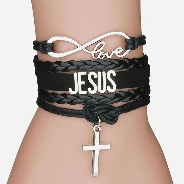 Pulseiras atacado 20 pçs/lote cruz religiosa charme pulseiras de couro para mulheres homens jesus trançado corda correntes pulseira moda jóias