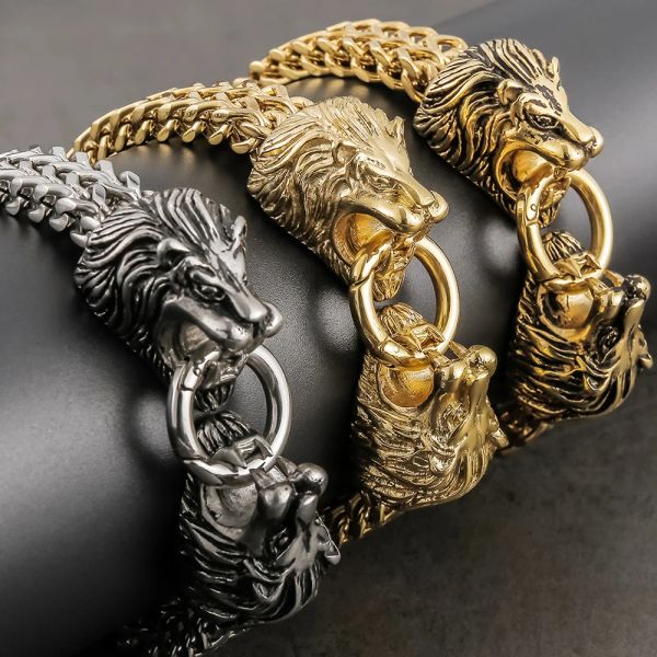 Legal cabeça de leão pulseira masculina figaro link corrente masculino manguito pulseiras pesado sólido 14k ouro amarelo masculino jóias pulseiras