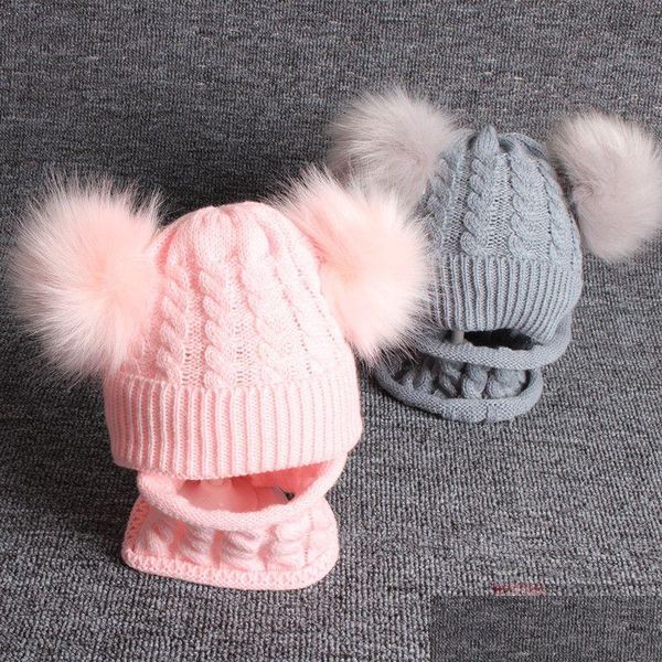 Berretti Beanie / Teschio Autunno e inverno Cappelli lavorati a maglia per bambini Berretto carino per bambini 5 colori Berretti per bambini Berretti a doppia palla Sciarpa per cappello di lana per bambini S Dhgu5