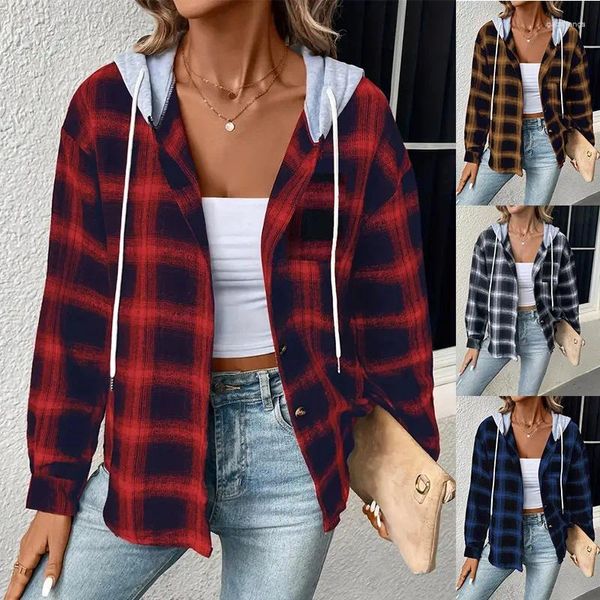 Frauen Blusen Shirts Plaid Mode Streetwear Casual Langarm Weibliche Kleidung Tops Mit Kapuze Frühling Herbst