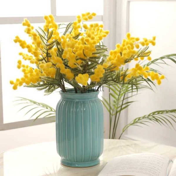 Verde floreale finto 38 cm Fiori artificiali di acacia finta Giallo Mimosa Spray Ramo di frutta di ciliegia Decorazione della tavola di casa di nozze Fiore YQ240125