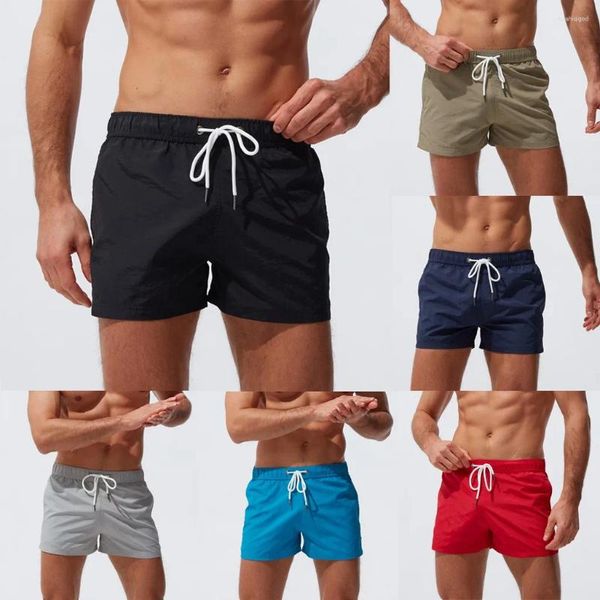 Shorts masculinos bolsos respiráveis roupas de férias para homens nadar sem malha curto casual s sexy swimwear troncos sólidos