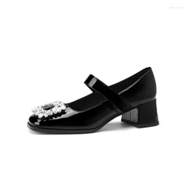 Sapatos de vestido preto strass elegante estilo único sapato grosso salto quadrado botão moda mary jane mulheres