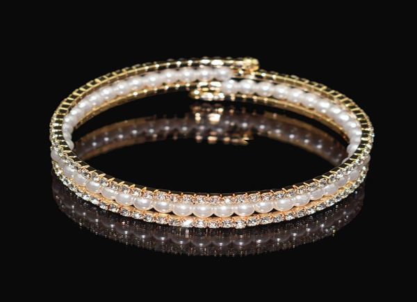 Luxo banhado a ouro falso pérolas pulseira de noiva 3 fileiras strass árabe estiramento pulseira feminina baile de formatura festa de noite jóias nupcial Acce2090430