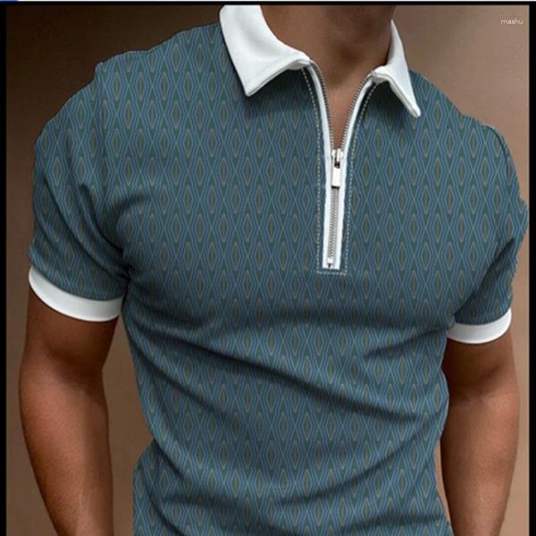 Camisas masculinas 2024 primavera casual pulôver zíper flip colarinho edição coreana polo camiseta impressa manga curta