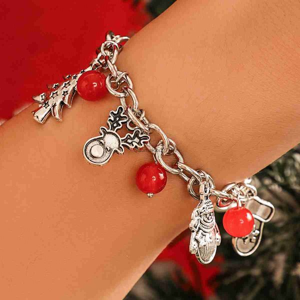 Kette IngeSight.Z Weihnachtsserie Baumglocke Schneeflocken Anhänger Armband Frauen Charm Rote Glasperle Kreuzkette Armband Festival GeschenkL24