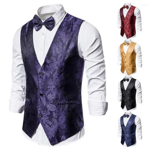 Coletes masculinos colete de cor sólida impresso single-breasted terno de pescoço em v com gravata borboleta slim fit vestido duplo breasted para homens formais