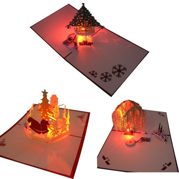 Natal 3d pop up cartões cartão de música luz led com envelope cartões postais para decoração de presente de natal 240122