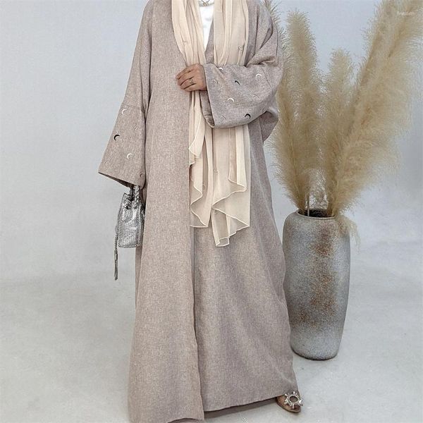 Etnik Giyim Dubai Suudi Ay Nakış Açık Abaya Müslüman Kadınlar Uzun Maxi Elbise Türkiye Kimono İslam Eid Fas Jalabiya Kaftan Dış Giyim