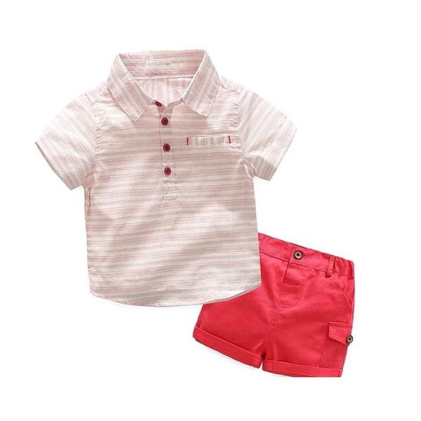 Комплекты одежды Летний комплект одежды для мальчиков Нежная одежда для мальчиков Полосатая футболка с короткими рукавами и красные шорты Детская одежда Прямая доставка Baby Otsbv