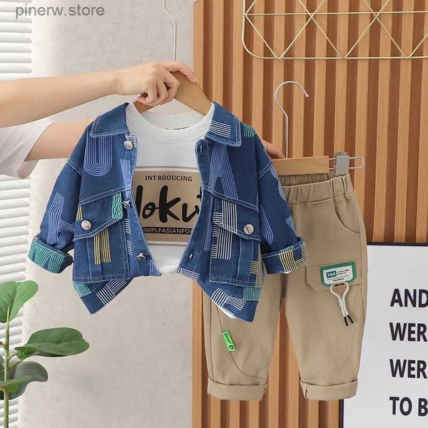 Giyim Setleri Toddler Kıyafet 2023 Yeni Sonbahar Tasarımcı Bebek Erkek Giysileri 4 ila 5 Yaşındaki Mektup Baskılı Denim Katlar T-Shirts Pants Kore Seti