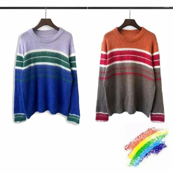 Suéteres masculinos Mohair Colorido Listrado Manga Comprida Camisola de Malha para Homens Mulheres de Alta Qualidade Unissex Crewneck Moletons Casuais