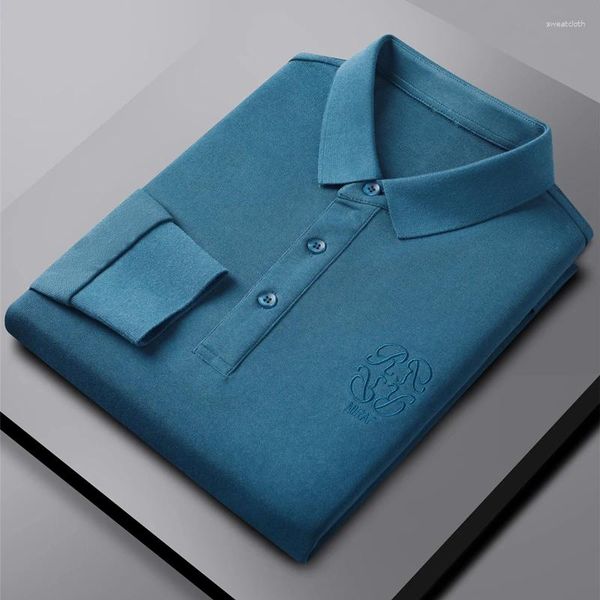 Polo da uomo in puro cotone a maniche lunghe ricamata Polo di marca di fascia alta Primavera e autunno T-shirt casual da lavoro con risvolto