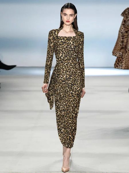 Abito da donna primaverile di alta qualità, stampa leopardata, elegante discoteca, elasticità, manica lunga, vestibilità attillata