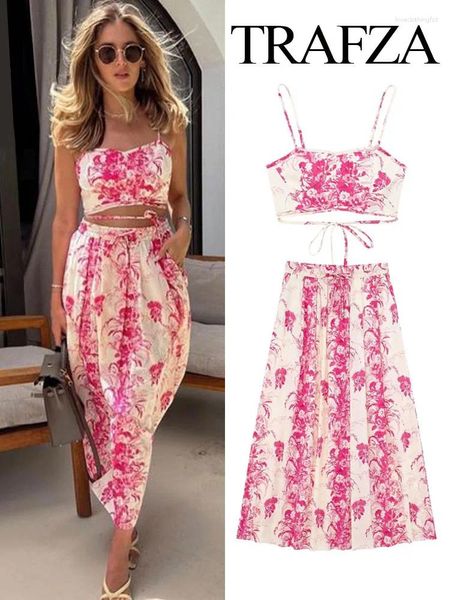 Arbeitskleider TRAFZA Sommeranzüge für Damen 2024 Rosa Druck ärmelloses rückenfreies Crop Top bedruckter Kordelzug A-Linie Rock weiblich Bohemian