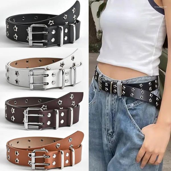 Cintos femininos estrela cinto moda dupla fileira agulha fivela rebite masculino com jeans pu couro rua rock punk estilo y2k