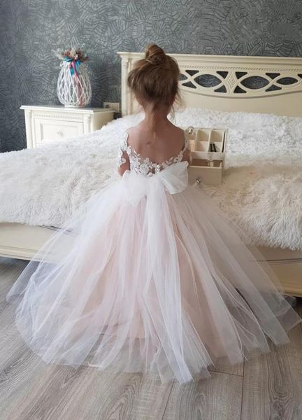 Vestido de casamento flor menina com mangas rendas tule princesa vestido de baile para festa júnior vestidos de dama de honra doce crianças roupas de menina m3808580