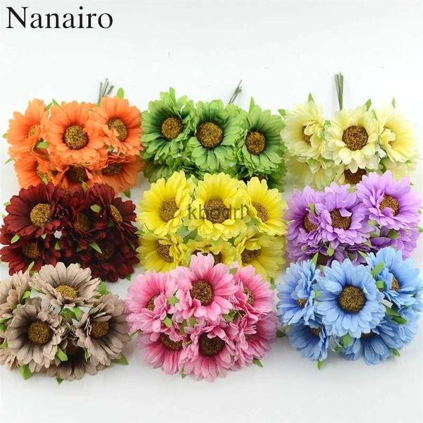 Fucano vegetazione floreale 6pcs a buon mercato a buon mercato artificiale seta girasole bouquet per decorazione del matrimonio ghirlande fai -da -te artigianali di fiori finti yq240125