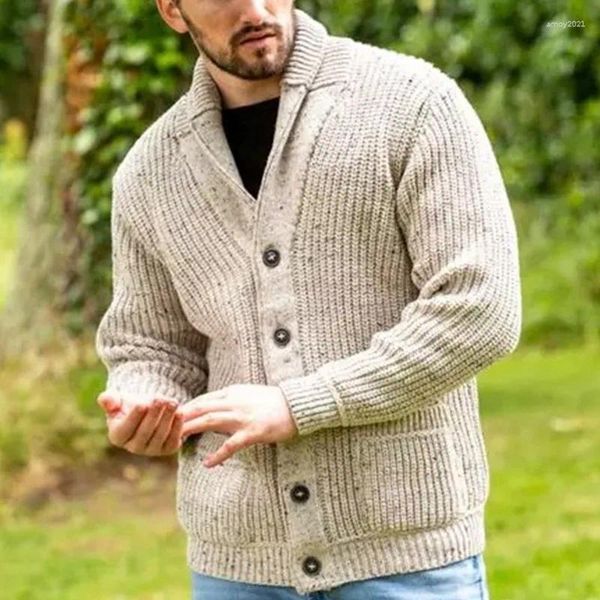 Camisolas masculinas Khaki Mens Botão Knit Sweater Casaco Gola Manga Longa Cardigan Cor Sólida Confortável Fit Primavera Outono Moda