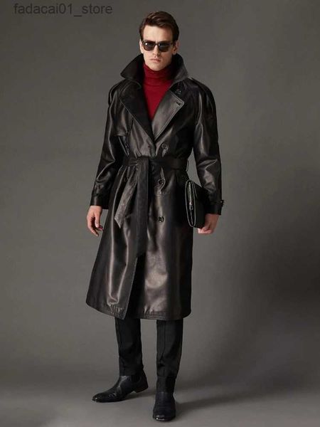 Trench da uomo Giacca a vento lunga in pelle al ginocchio da uomo Doppio petto Abbigliamento in pelle da uomo classico britannico Autunno inverno nuovo cappotto su misura da uomoQ240125