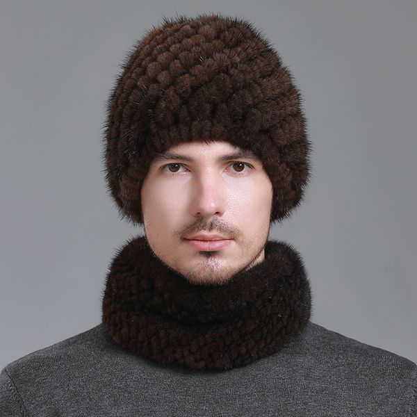 Um conjunto de chapéu de pele de vison real masculino + cachecol de malha gorro elástico inverno quente pescoço colarinho chapéu de esqui ao ar livre