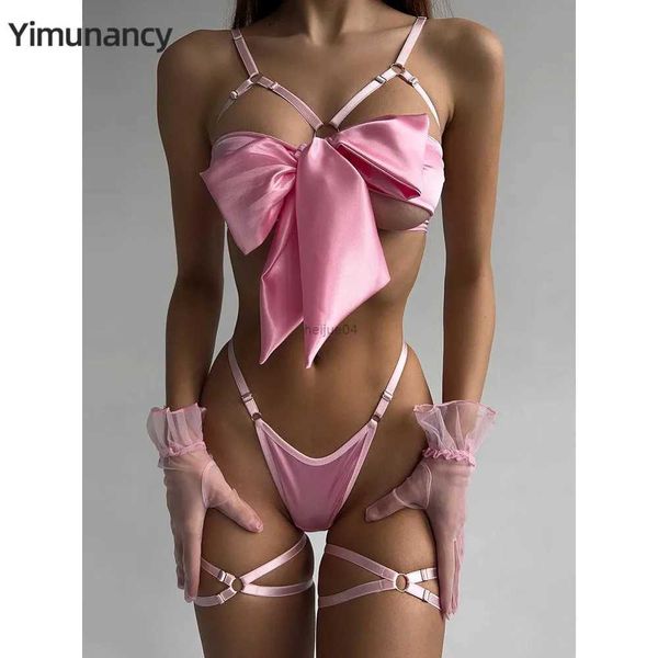 Set sexy Yimunancy Set di biancheria intima con fiocco ritagliato in 3 pezzi Set di biancheria intima in raso carino a 4 colori Set di biancheria intima da notte solida