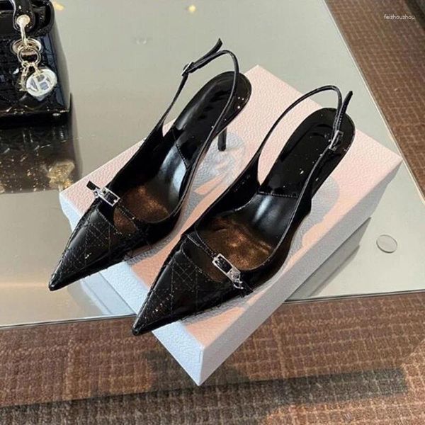 Scarpe eleganti Primavera Autunno Cintura in pelle nera Cintura con fibbia Punta a punta Décolleté con tacco alto Tacchi sottili Slingback Party Club Rosso Bianco