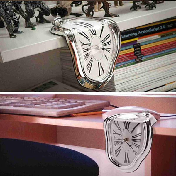 Wandklokken Zilver Smelten Klok Horloge Gesmolten Klok voor Decoratief Thuiskantoor Plank Bureau Tafel Grappig Creatief Cadeau