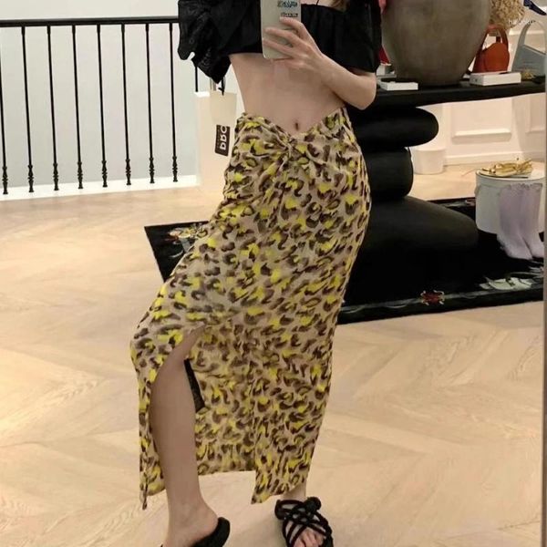 Юбки Лето с леопардовым принтом Сексуальная Высокая талия Витой разрез Длинная юбка-бюстье Женское платье для корейской моды