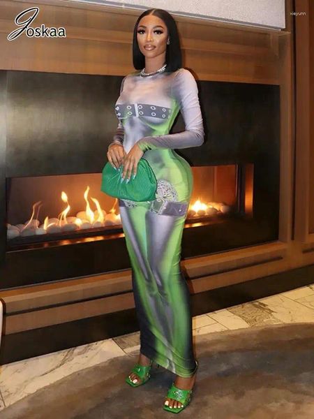 Повседневные платья Joskaa Fashion 3D Body Print Green Maxi Women Hipster Сексуальное облегающее платье с круглым вырезом и длинными рукавами 2024 Весенняя вечеринка Клубная одежда