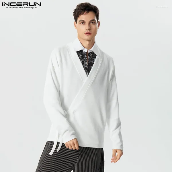 Maglioni da uomo Uomo Tinta unita Scollo a V Manica lunga Lavorato a maglia Cardigan con lacci Streetwear 2024 Moda Abbigliamento casual INCERUN S-5XL