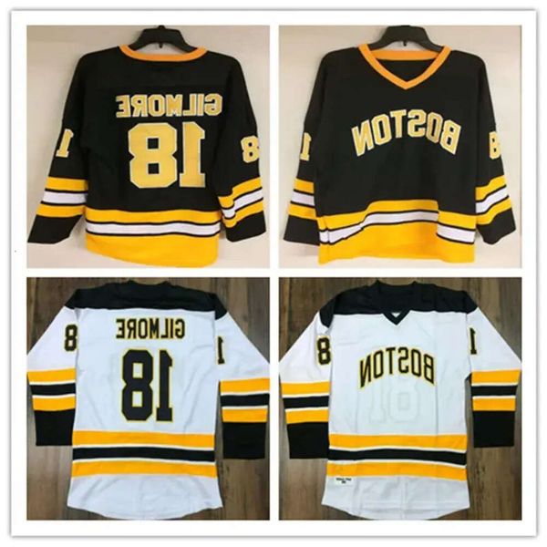 Top StitchCustomized Vintage Feliz Gilmore # 18 Adam Sandler Hóquei Jerseys Boston 1996 Filme Jersey Preto Branco Costurado S-5Xl 90