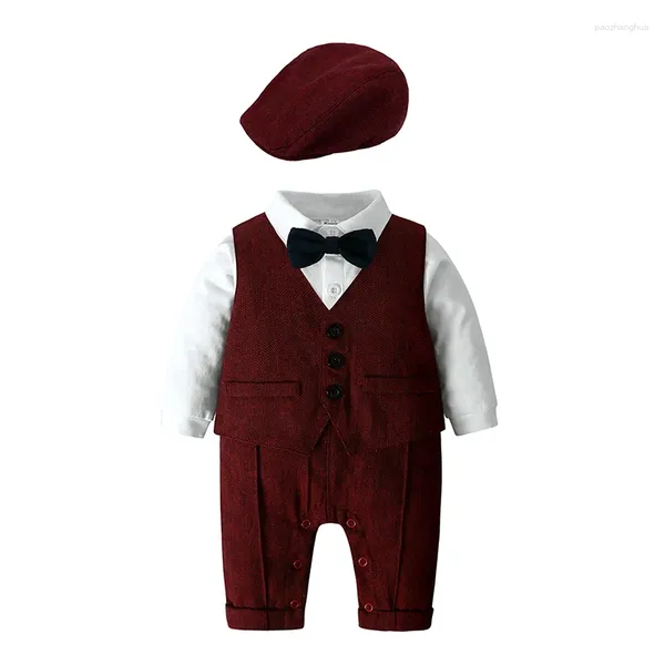 Комплекты одежды 2024 Стильный комплект одежды для маленьких мальчиков в стиле джентльмена, комплект из 3 предметов, рубашка, галстук-бабочка, комбинезон, жилет, шляпа, платье для новорожденных, праздничная одежда, милый костюм