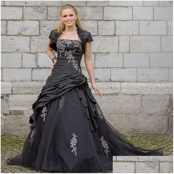 A-Linie Brautkleider Vintage Schwarzes Gothic-Kleid mit kurzer Jacke Elfenbein-Spitzenapplikationen geraffte A-Linie lange Brautkleider Hofschleppe Dh2Xj