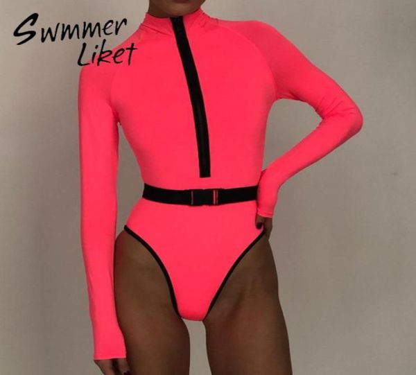 Langarm-Bikini Neon Pink Zipper Bodysuits Bademode Damen Rollkragen-Badeanzug weiblich Hoch geschnittener Monokini Biquini Y2003199462064