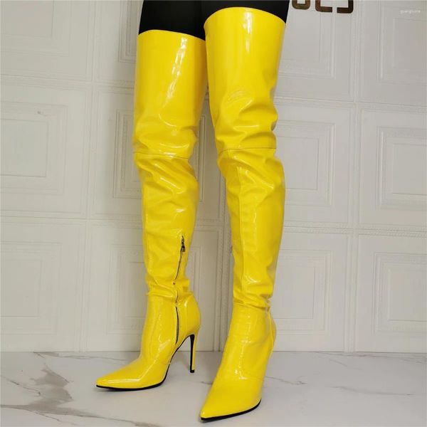 Женские сапоги с промежностью, длинные желтые танцевальные туфли из искусственной кожи на высоком каблуке с боковой молнией выше колена, женская обувь, большие размеры 44, 45, 46, 47