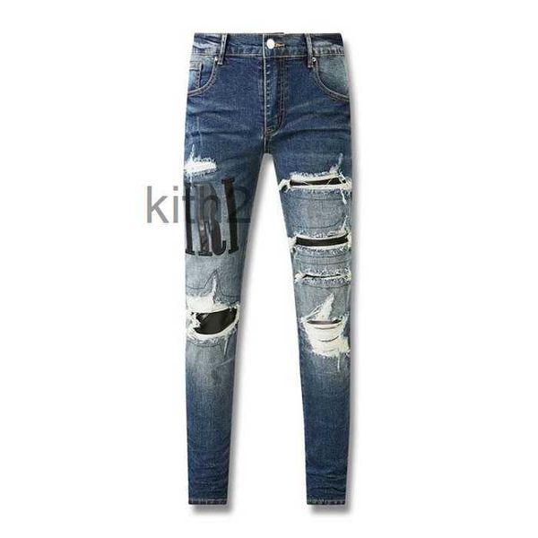 Designer pilha jeans marca roxa homens bordados acolchoados rasgados para tendência calça vintage homens dobra magro moda 01jn